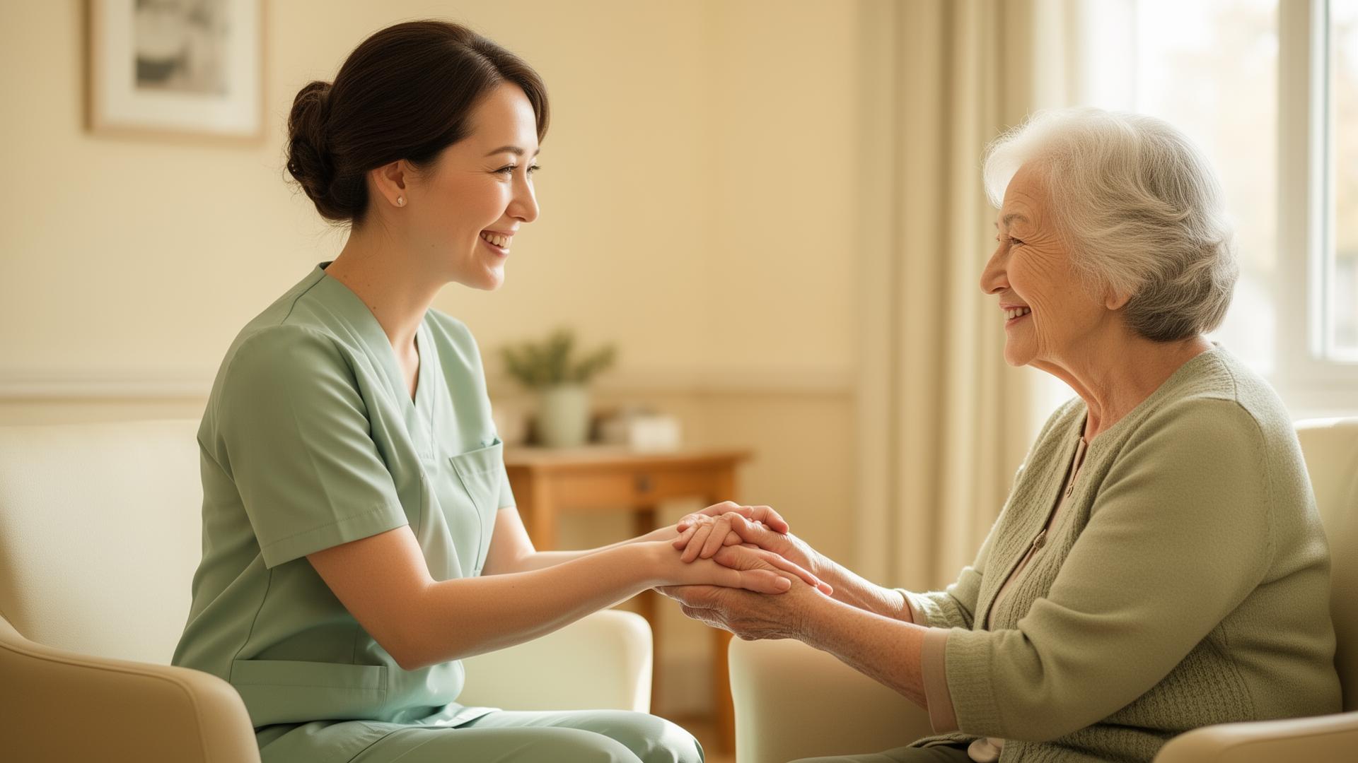 Nurse warmly holding the hands of an elderly woman
